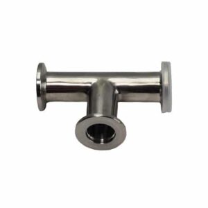 AccuTools S10749 Tee KF-16 x 3, a stainless steel vacuum fitting with three KF-16 flanges for connecting vacuum lines in HVAC/R and scientific applications.