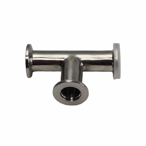 AccuTools S10749 Tee KF-16 x 3, a stainless steel vacuum fitting with three KF-16 flanges for connecting vacuum lines in HVAC/R and scientific applications.