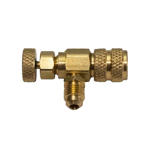Accutools S10767 Schrader Depressor Tool, a small, durable brass tool with a 1/4" flare connection for safely depressing Schrader valves in HVAC/R systems.