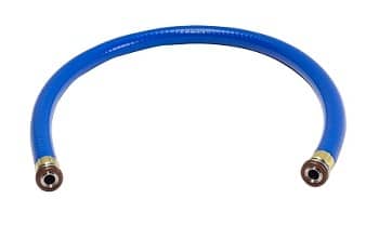 A 1-meter long AccuTools TruBlu vacuum hose, colored blue, with robust brass fittings on each end for HVAC/R system connections.