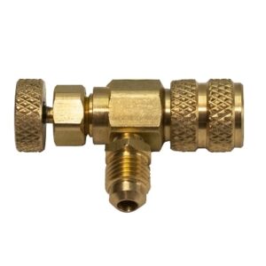 AccuTools S10903 Schrader Depressor Tool, a small, durable brass and aluminum tool with 5/16" female and 1/4" male fittings for HVAC/R valve access.