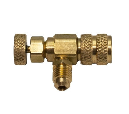 AccuTools S10903 Schrader Depressor Tool, a small, durable brass and aluminum tool with 5/16" female and 1/4" male fittings for HVAC/R valve access.