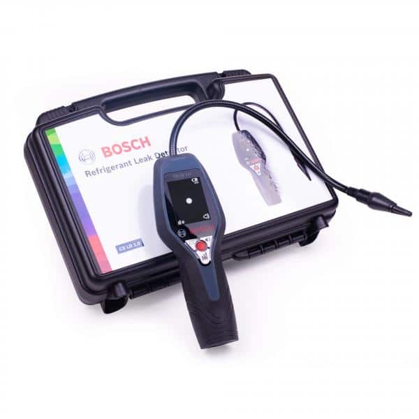 Bosch CS-LD1.0 Leak Detector, a professional handheld electronic device for detecting refrigerant leaks in HVAC/R systems, featuring a flexible probe and clear display.