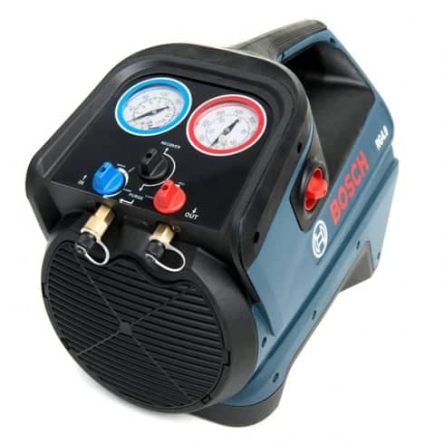 Bosch RG 4.0 Certified A2L A3 Recovery Unit, a robust and compact refrigerant recovery machine with clearly labeled controls, designed for safe handling of flammable refrigerants.