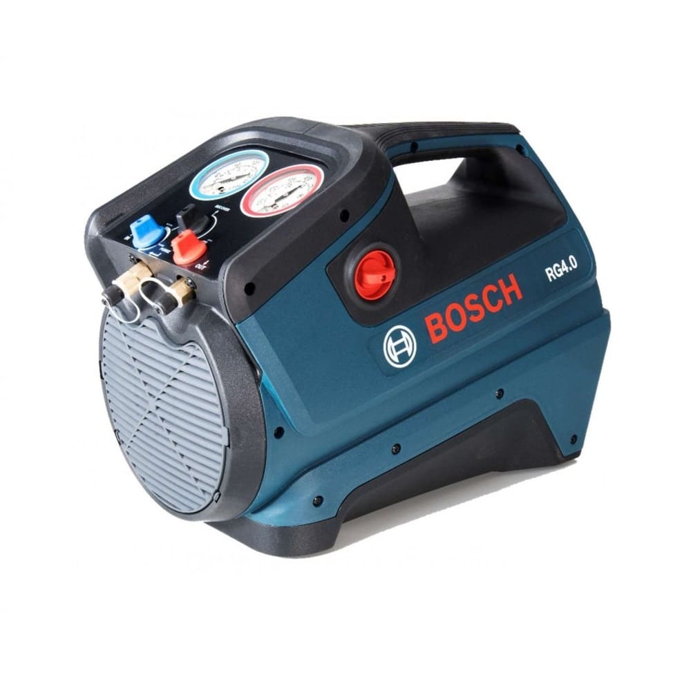 Bosch RG 4.0 Certified A2L A3 Recovery Unit, a robust and compact refrigerant recovery machine with clearly labeled controls, designed for safe handling of flammable refrigerants.