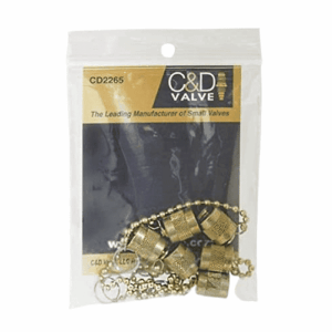 C&D CD2265 1/4SAE service port cap made of brass, attached to a durable chain, designed for HVAC/R systems to prevent refrigerant leaks.