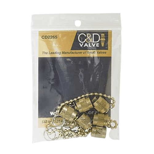 C&D CD2265 1/4SAE service port cap made of brass, attached to a durable chain, designed for HVAC/R systems to prevent refrigerant leaks.