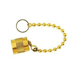 C&D CD2265 1/4SAE service port cap made of brass, attached to a durable chain, designed for HVAC/R systems to prevent refrigerant leaks.