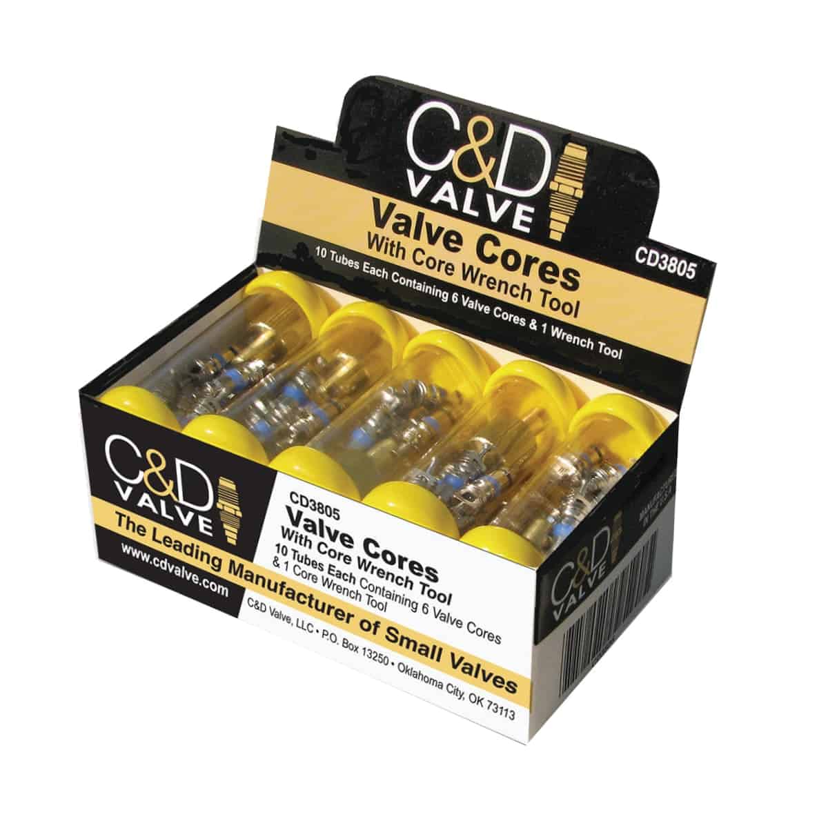 C&D CD3805 kit featuring multiple brass valve cores and a core wrench tool, used for servicing HVAC/R systems.
