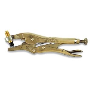 A brass plier with a handle and a wire cutter.