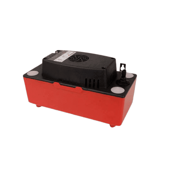 A compact, red DiversiTech Redbox CP-22-230 2 Litre condensate pump, designed for automatic removal of condensation from HVAC/R systems. The pump has clear tubing connections and a high-level safety switch visible.