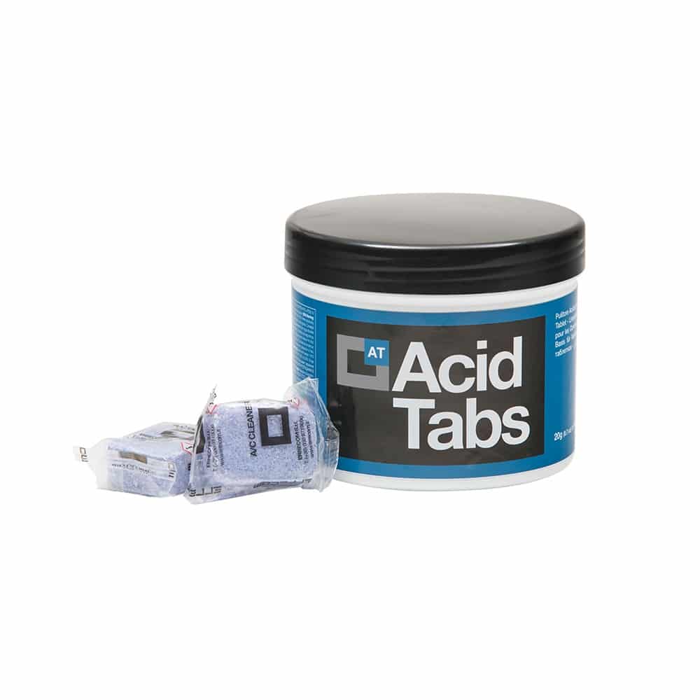 A container of Errecom AB1102.01 Acid Tabs, small tablets designed to neutralize acid in refrigeration and air conditioning condenser units.