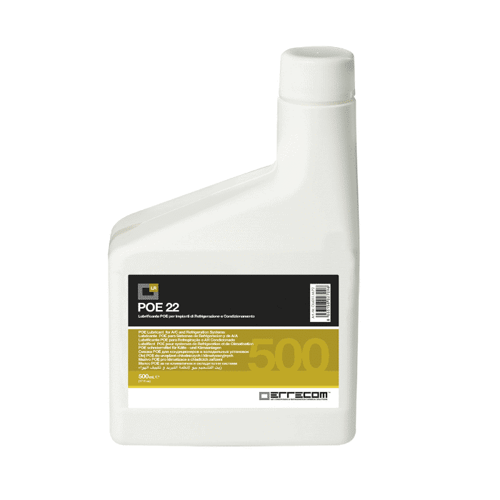 Errecom OL6011 POE 22 Lubricant Oil bottle. A clear, high-quality synthetic oil designed for air conditioning and refrigeration compressors.