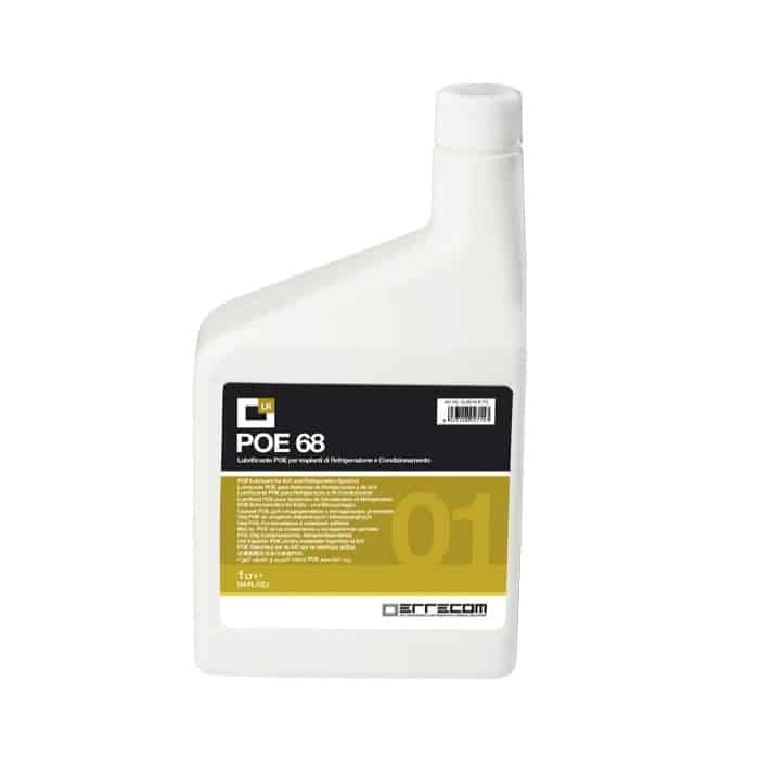 A bottle of Errecom OL6016 Polyol Ester 68 lubricant oil, typically used for air conditioning and refrigeration systems.