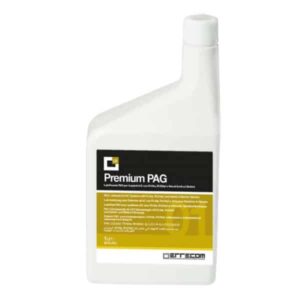 Bottle of Errecom OL6057.K.P2 Premium PAG Lubricant Oil, a synthetic oil for vehicle air conditioning systems, often used in automotive repair shops.
