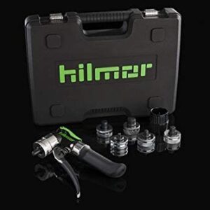 Hilmor 1839015 Compact Swage Tool Kit, featuring a hand-held swaging tool, multiple swage heads from 3/8" to 7/8", and a deburring tool, all neatly organized in a carrying case.