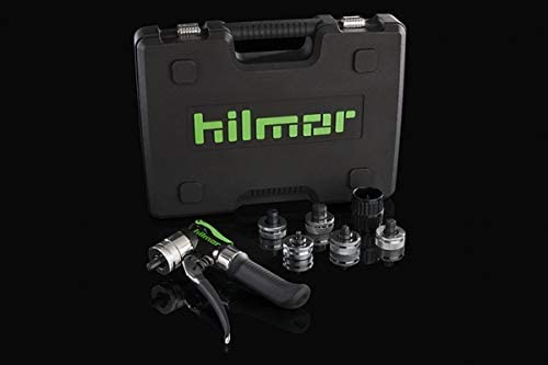 Hilmor 1839015 Compact Swage Tool Kit, featuring a hand-held swaging tool, multiple swage heads from 3/8" to 7/8", and a deburring tool, all neatly organized in a carrying case.