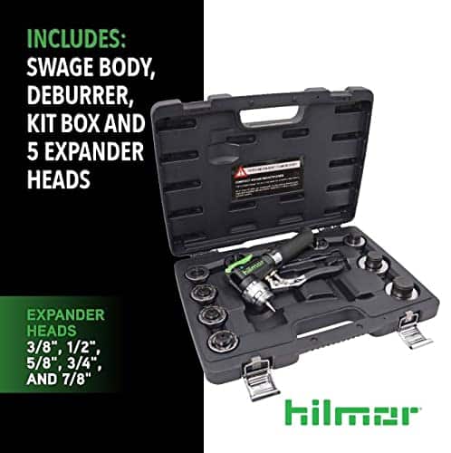 Hilmor 1839015 Compact Swage Tool Kit, featuring a hand-held swaging tool, multiple swage heads from 3/8" to 7/8", and a deburring tool, all neatly organized in a carrying case.