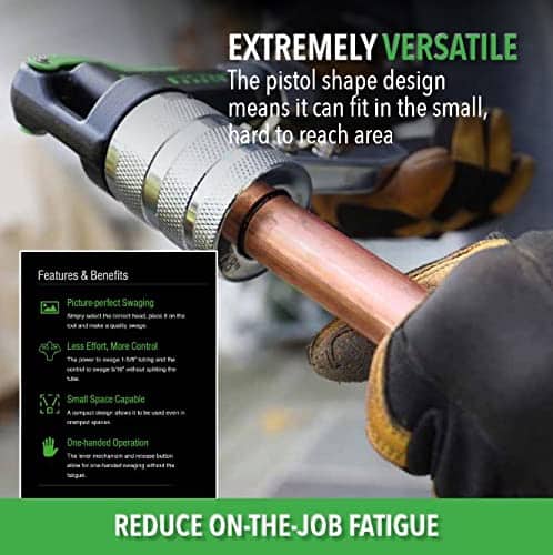 Hilmor 1839015 Compact Swage Tool Kit, featuring a hand-held swaging tool, multiple swage heads from 3/8" to 7/8", and a deburring tool, all neatly organized in a carrying case.