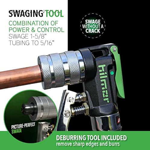 Hilmor 1839015 Compact Swage Tool Kit, featuring a hand-held swaging tool, multiple swage heads from 3/8" to 7/8", and a deburring tool, all neatly organized in a carrying case.