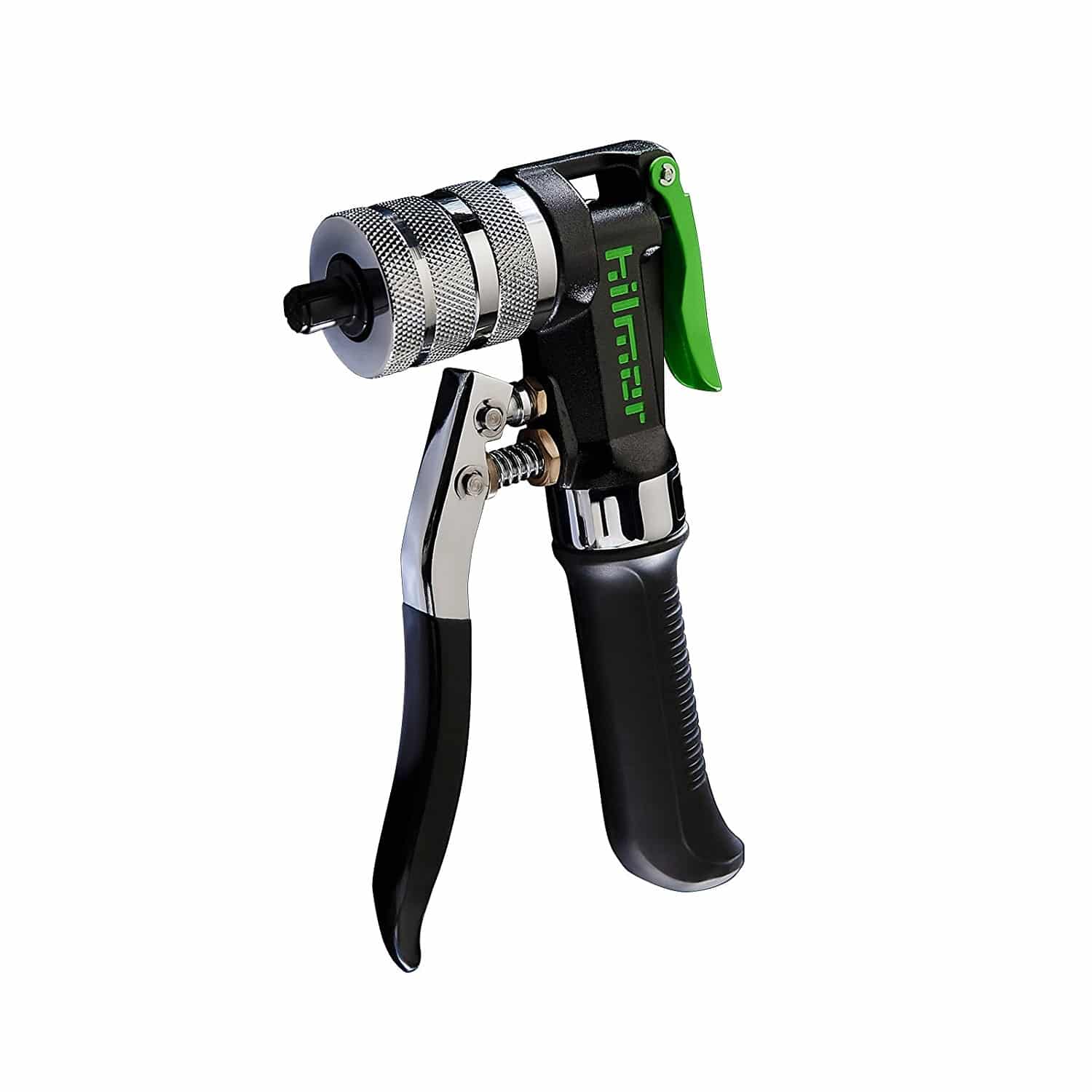 Hilmor 1839015 Compact Swage Tool Kit, featuring a hand-held swaging tool, multiple swage heads from 3/8" to 7/8", and a deburring tool, all neatly organized in a carrying case.