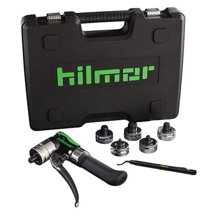 Hilmor 1839015 Compact Swage Tool Kit, featuring a hand-held swaging tool, multiple swage heads from 3/8" to 7/8", and a deburring tool, all neatly organized in a carrying case.