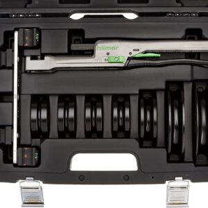 Hilmor 1839032 Compact Bender Kit, shown with various bending mandrels and a durable carrying case. It's a handheld tool designed for bending copper and other soft metal tubing.