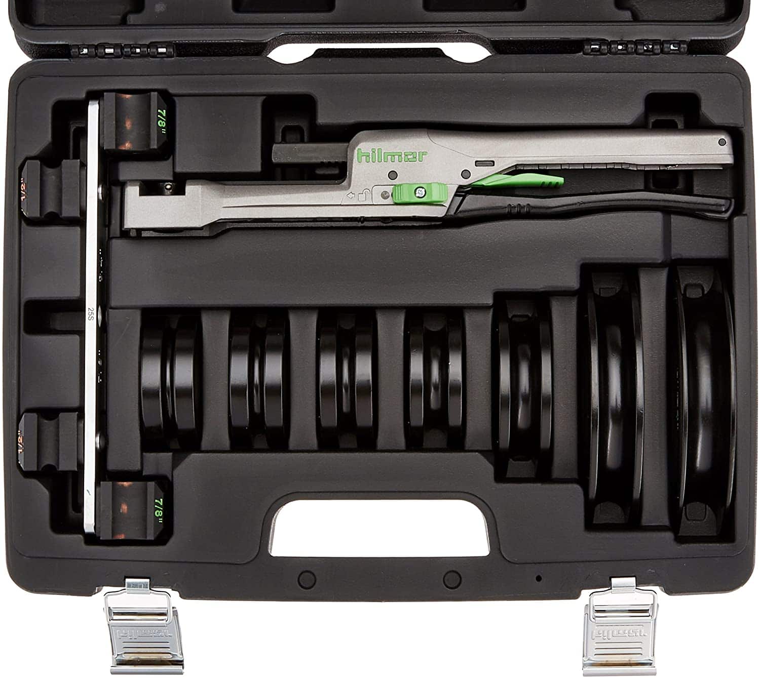 Hilmor 1839032 Compact Bender Kit, shown with various bending mandrels and a durable carrying case. It's a handheld tool designed for bending copper and other soft metal tubing.