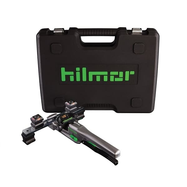Hilmor 1839032 Compact Bender Kit, shown with various bending mandrels and a durable carrying case. It's a handheld tool designed for bending copper and other soft metal tubing.