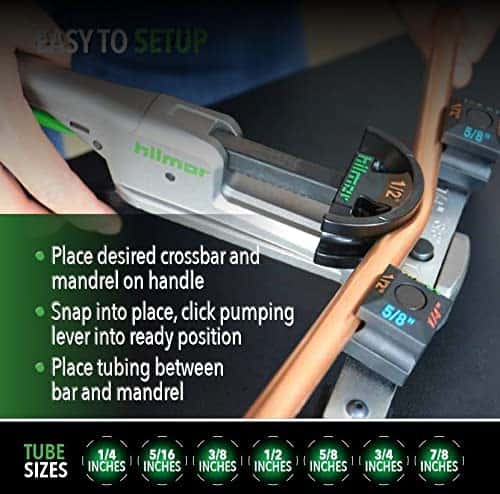 Hilmor 1839032 Compact Bender Kit, shown with various bending mandrels and a durable carrying case. It's a handheld tool designed for bending copper and other soft metal tubing.