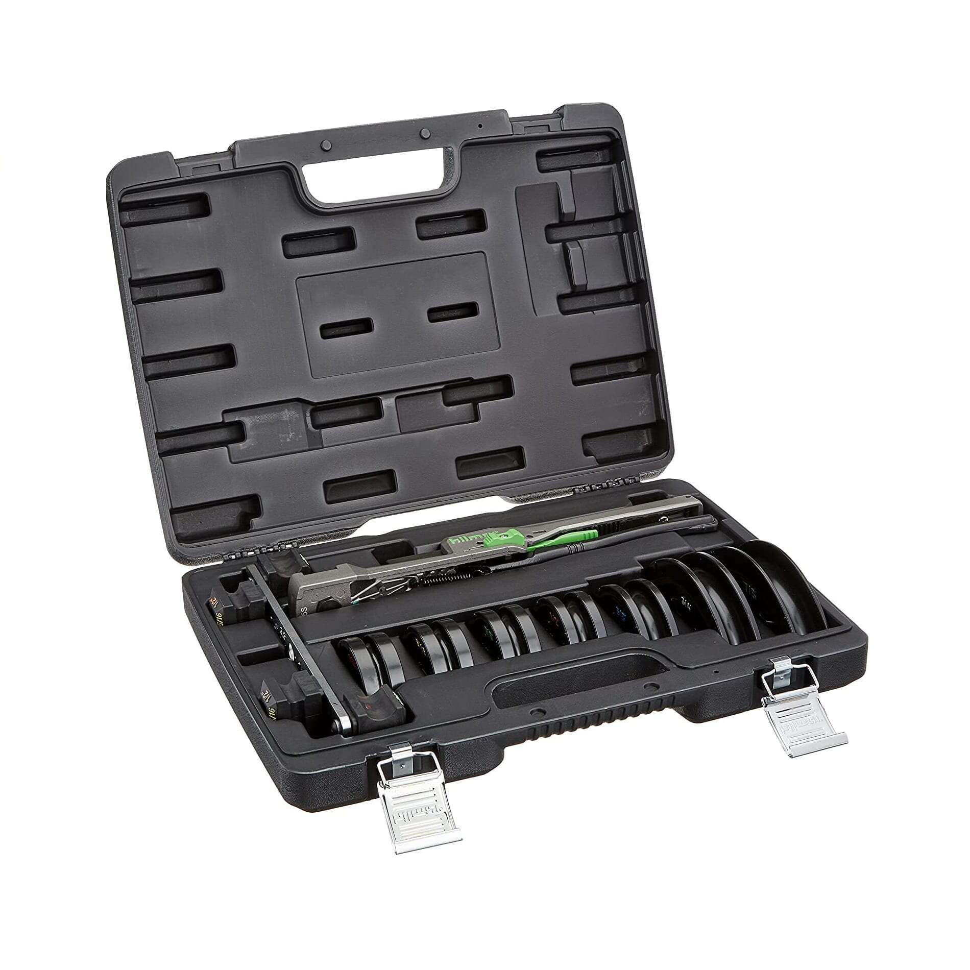 Hilmor 1839032 Compact Bender Kit, shown with various bending mandrels and a durable carrying case. It's a handheld tool designed for bending copper and other soft metal tubing.