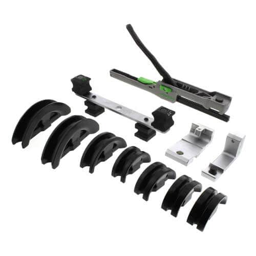 Hilmor 1926598 Compact Bender Kit, featuring a hand-held bender with multiple bending mandrels and a reverse bending attachment, designed for forming tubing.