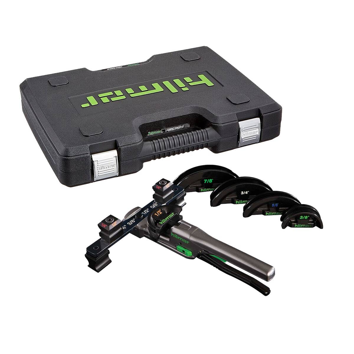 Hilmor 1926598 Compact Bender Kit, featuring a hand-held bender with multiple bending mandrels and a reverse bending attachment, designed for forming tubing.