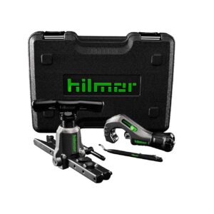 Hilmor 1937685 Orbital Flare Kit, featuring a robust flaring tool, a compact tubing cutter, and a deburring tool, all neatly organized in a durable case.