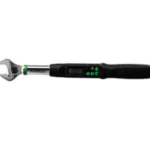 Hilmor 1963826 Digital Adjustable Torque Wrench, a sleek black and blue electronic wrench with a digital display, designed for accurate tightening of flare nuts in HVAC/R systems.