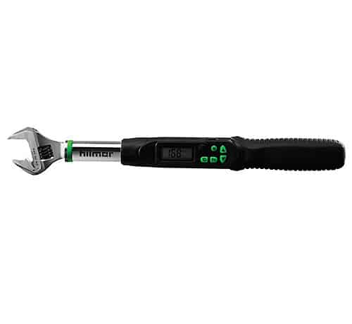 Hilmor 1963826 Digital Adjustable Torque Wrench, a sleek black and blue electronic wrench with a digital display, designed for accurate tightening of flare nuts in HVAC/R systems.