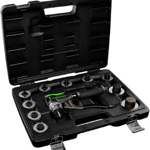 Hilmor 1964041 Deluxe Compact Swage Tool Kit, featuring a hand-held swaging tool and multiple interchangeable swage heads for HVAC/R tubing.