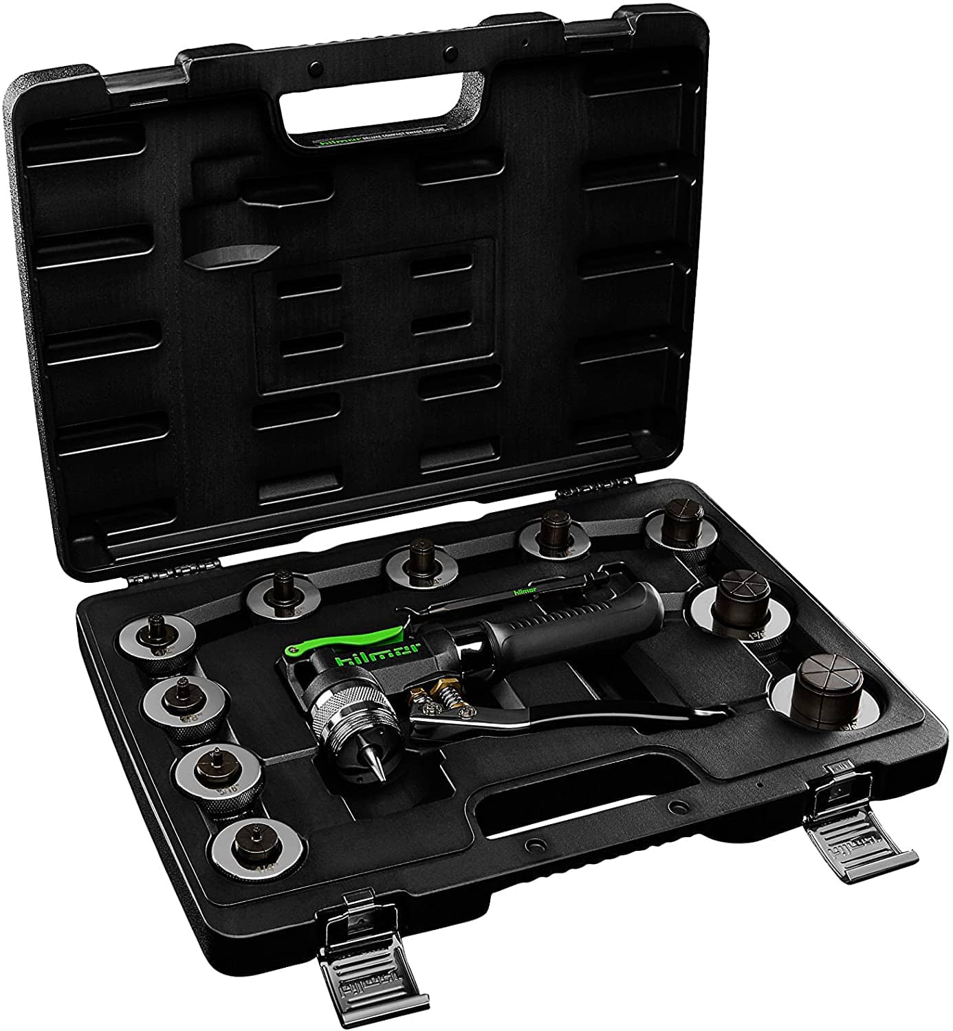 Hilmor 1964041 Deluxe Compact Swage Tool Kit, featuring a hand-held swaging tool and multiple interchangeable swage heads for HVAC/R tubing.