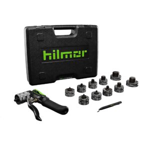 Hilmor 1964041 Deluxe Compact Swage Tool Kit, featuring a hand-held swaging tool and multiple interchangeable swage heads for HVAC/R tubing.