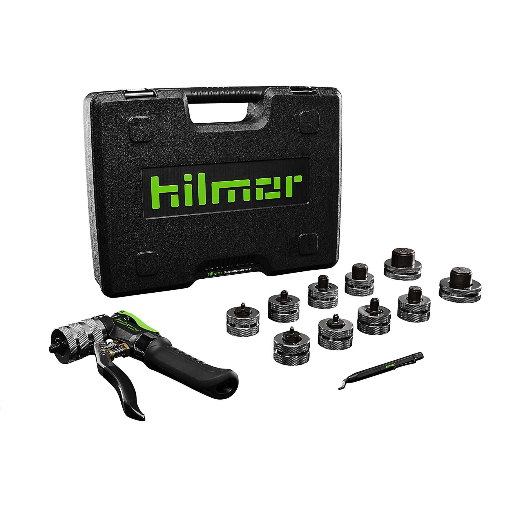 Hilmor 1964041 Deluxe Compact Swage Tool Kit, featuring a hand-held swaging tool and multiple interchangeable swage heads for HVAC/R tubing.