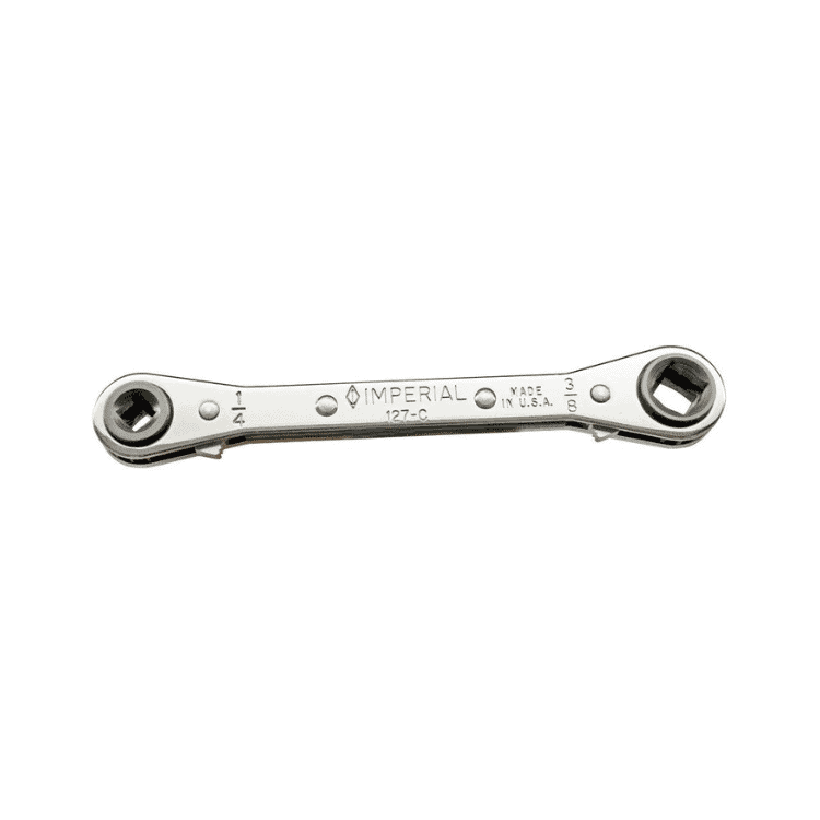 A close-up image of an Imperial Ratchet Wrench, showcasing its durable construction and ergonomic design. The wrench appears ready for use in HVAC/R applications.