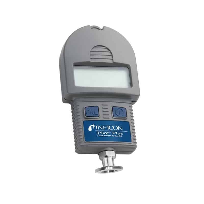 Inficon 710-202-G1 Pilot Plus digital vacuum gauge with large display and protective boot.