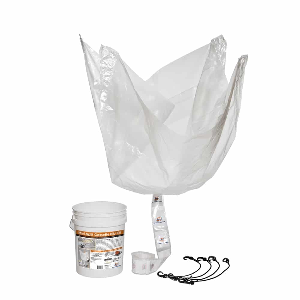 SpeedClean SC-CB Cassette Bib with bungees and a yellow bucket. This protective cover system is designed to contain water and cleaning solution when cleaning cassette-style HVAC units.