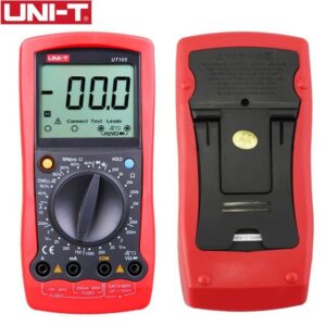 Uni-T UT105 Automotive Digital Multimeter, a yellow and black handheld device with a large LCD screen, featuring specific functions for vehicle electrical testing.