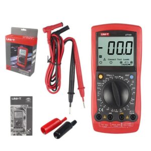 Uni-T UT105 Automotive Digital Multimeter, a yellow and black handheld device with a large LCD screen, featuring specific functions for vehicle electrical testing.