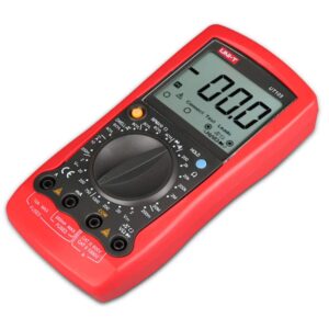 Uni-T UT105 Automotive Digital Multimeter, a yellow and black handheld device with a large LCD screen, featuring specific functions for vehicle electrical testing.