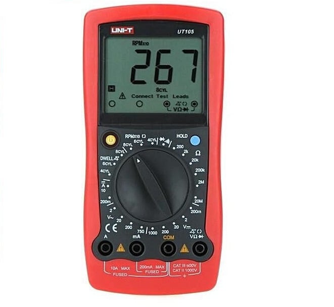 Uni-T UT105 Automotive Digital Multimeter, a yellow and black handheld device with a large LCD screen, featuring specific functions for vehicle electrical testing.