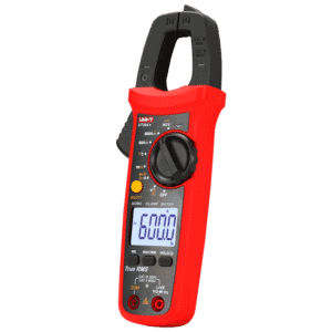 Uni-T UT204+ AC/DC Digital Clamp Meter, a handheld yellow and gray tool displaying a digital reading, featuring a clamp jaw for non-contact current measurement.
