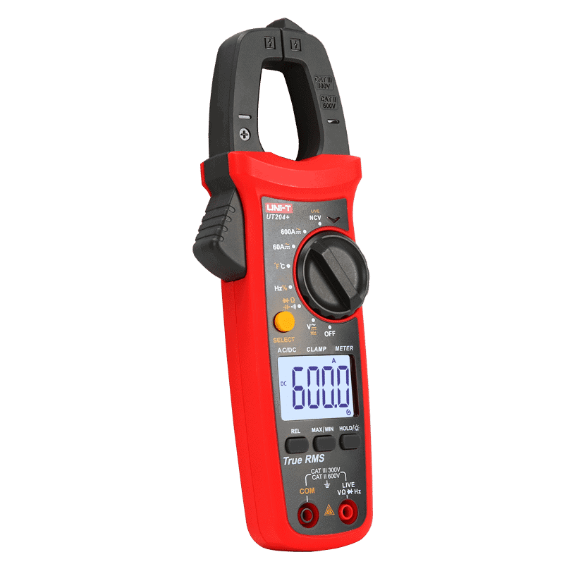Uni-T UT204+ AC/DC Digital Clamp Meter, a handheld yellow and gray tool displaying a digital reading, featuring a clamp jaw for non-contact current measurement.
