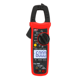 Uni-T UT204+ AC/DC Digital Clamp Meter, a handheld yellow and gray tool displaying a digital reading, featuring a clamp jaw for non-contact current measurement.